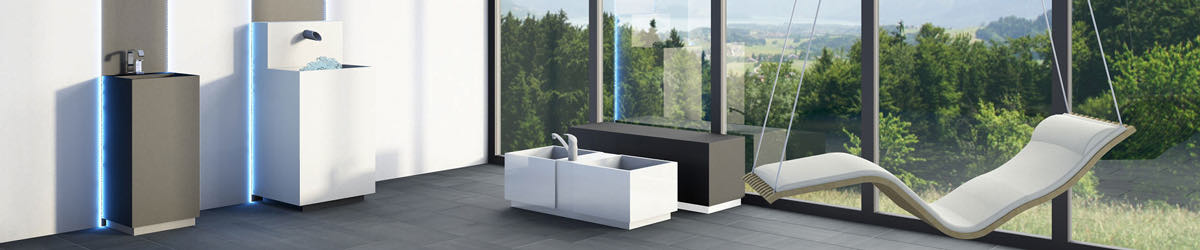 Fußbecken, Eisbrunnen, Trinkbrunnen aus Corian und Wellnessliegen