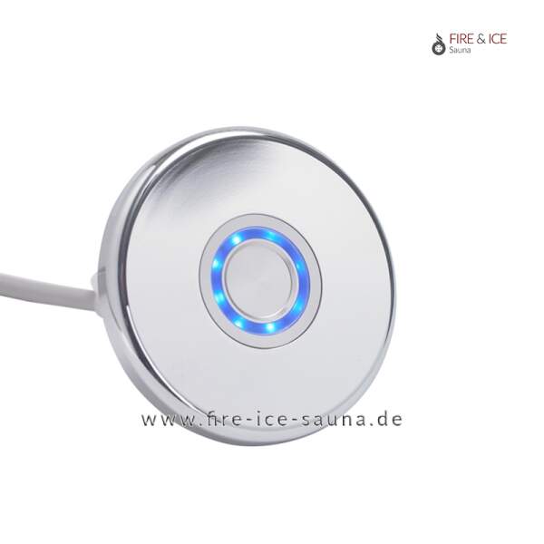 Piezo pushbutton with blue LED ring light for steam baths