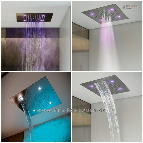 Chromed ceiling element consisting of: Tropical rain shower, mist shower (8 rgb spots)