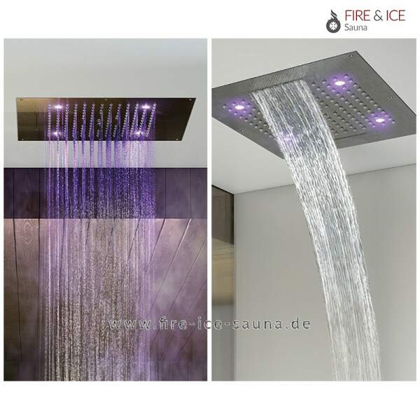 Chromed ceiling element consisting of: Tropical rain shower, waterfall partial jet, waterfall full jet, mist shower (4 rgb spots)