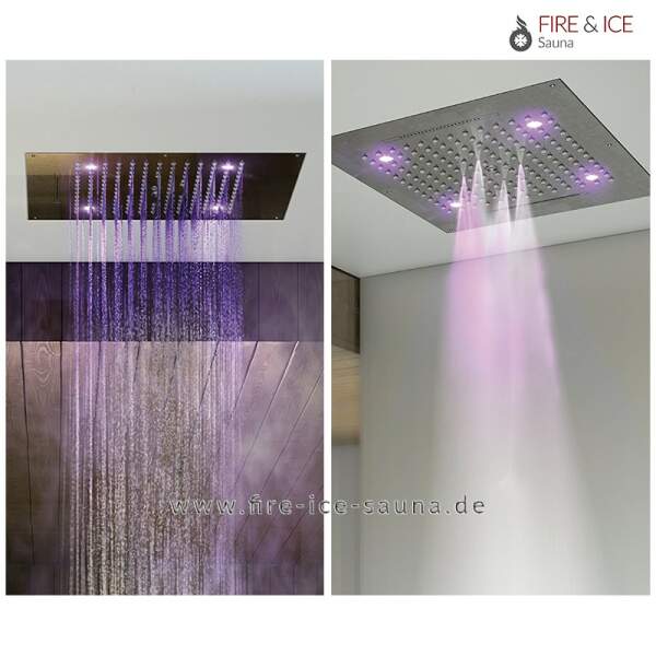 Chromed ceiling element consisting of: Tropical rain shower, waterfall partial jet, waterfall full jet, mist shower (4 rgb spots)